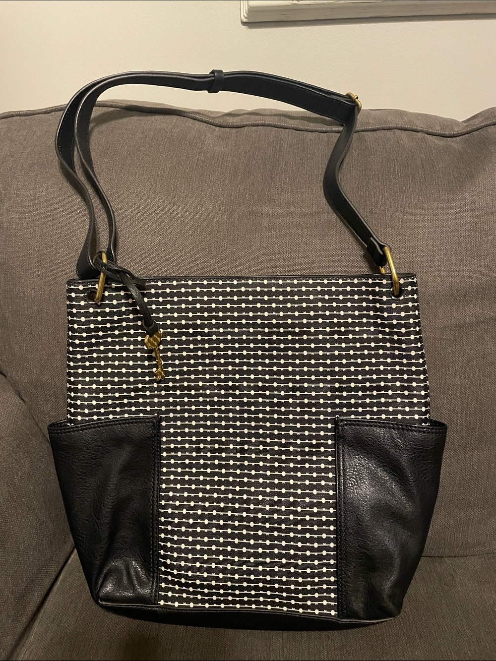 Fossil Black and White Geometric Tote with Black Trim